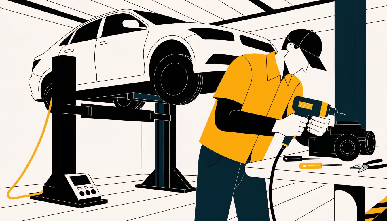 Illustrierte Kfz-Werkstatt des Auto-Forum Murnau mit Fahrzeug auf der Hebebühne